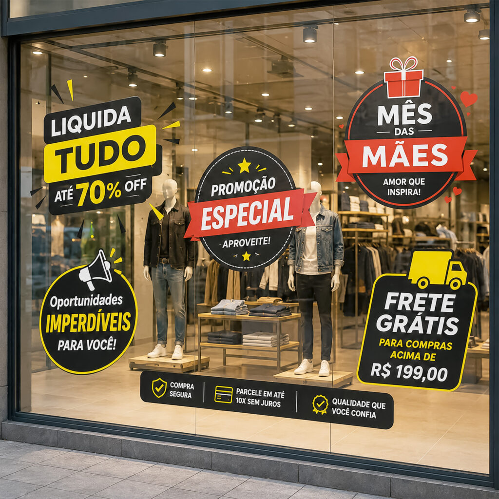 Adesivos personalizados para vitrines de loja.